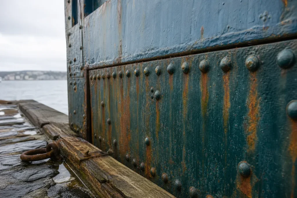 Närbild av nitad järnport i flagnande marinfärg med rostränder